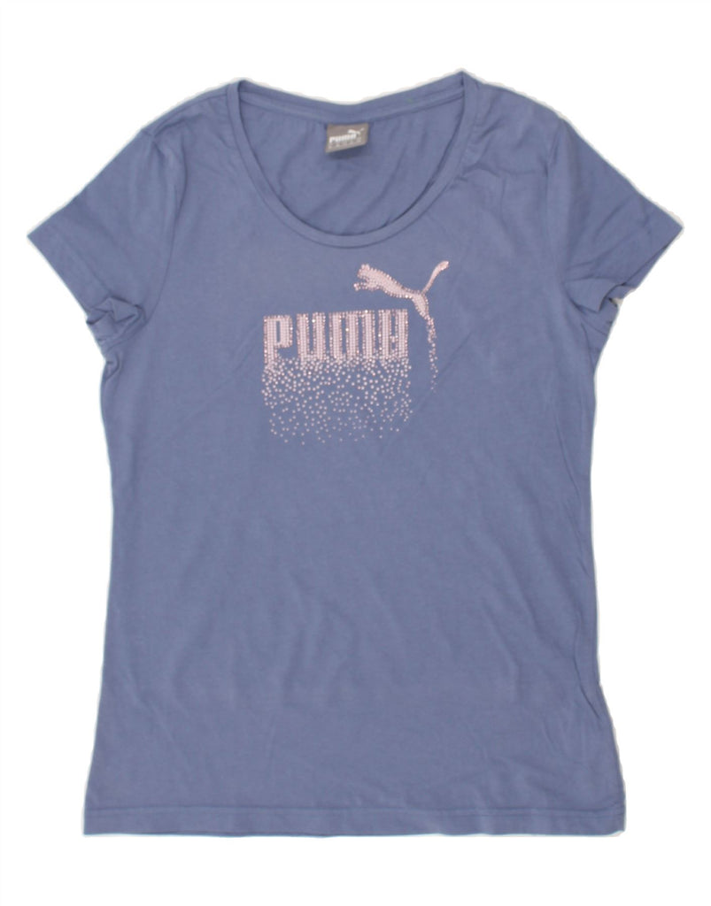 PUMA Womens Graphic T-Shirt Top UK 12 Medium Blue Cotton | Vintage Puma | Thrift | Second-Hand Puma | Used Clothing | Messina Hembry 