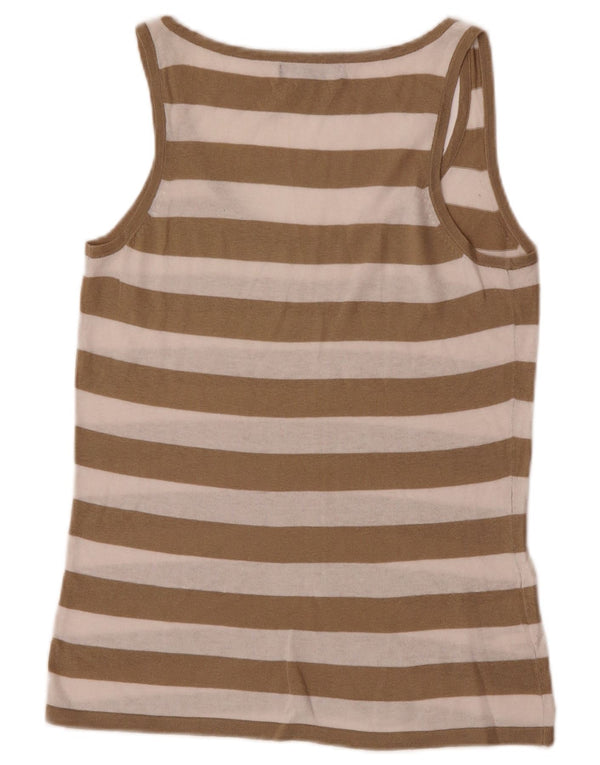 Laura Ashley Womens See Through Vest Top UK 12 Medium Khaki Striped Cotton
