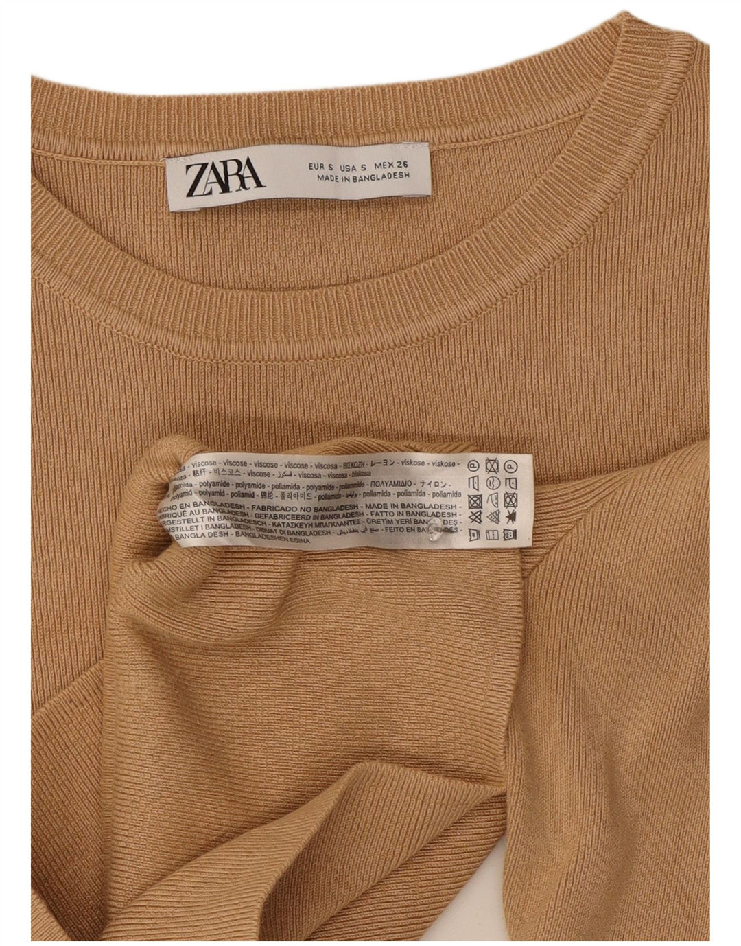 Zara Womens Crop Top Long Sleeve UK 8 Small Beige Viscose
