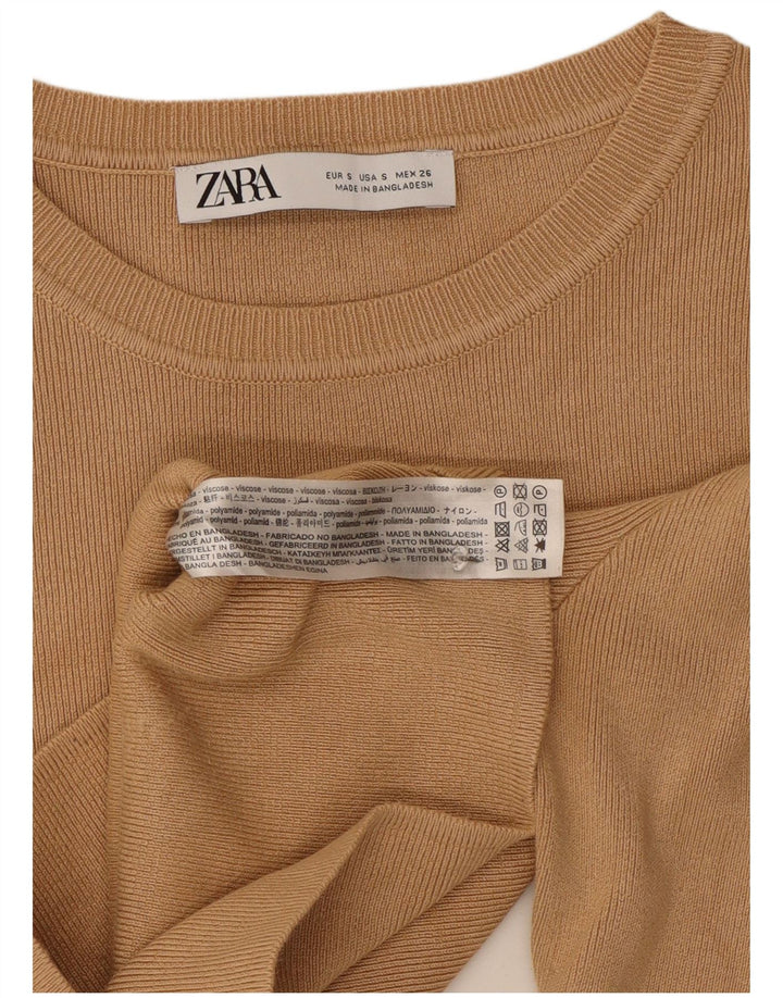Zara Womens Crop Top Long Sleeve UK 8 Small Beige Viscose