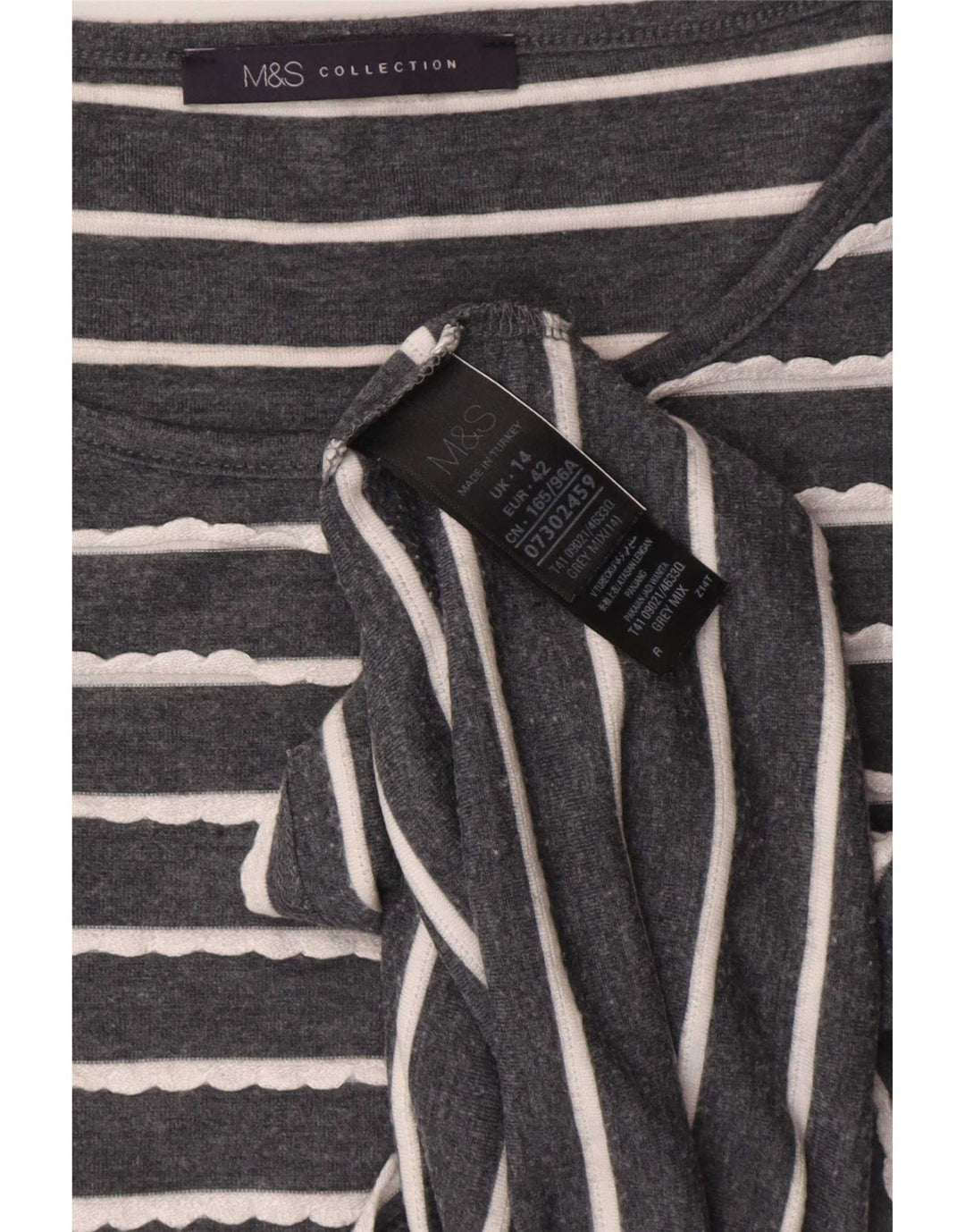 Marks & Spencer Womens Top 3/4 Sleeve UK 14 Large  Grey Striped Viscose