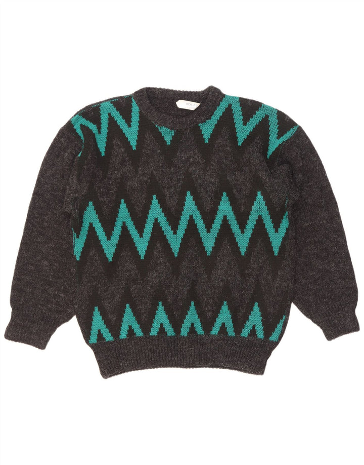 Vintage Mens Crew Neck Jumper Sweater Large Grey Chevron