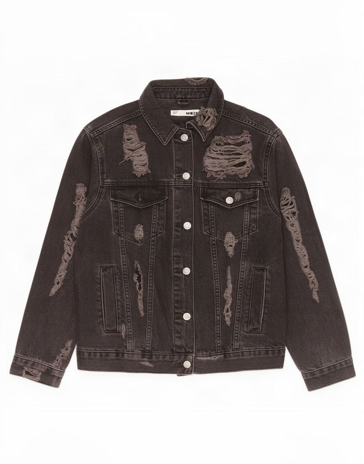 Topshop Womens Distressed Oversized Denim Jacket UK 10 Small Black Cotton