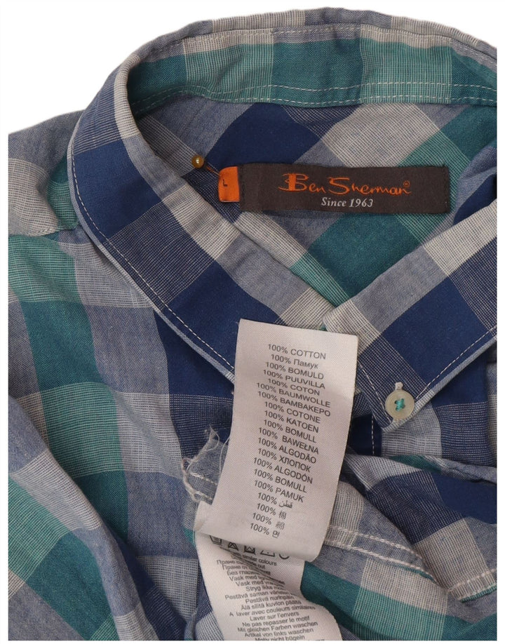 Ben Sherman Mens Short Sleeve Shirt Large Blue Check Cotton
