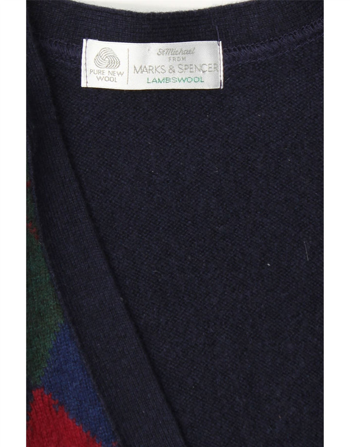 Marks & Spencer Mens Cardigan Sweater Large Navy Blue Argyle/Diamond