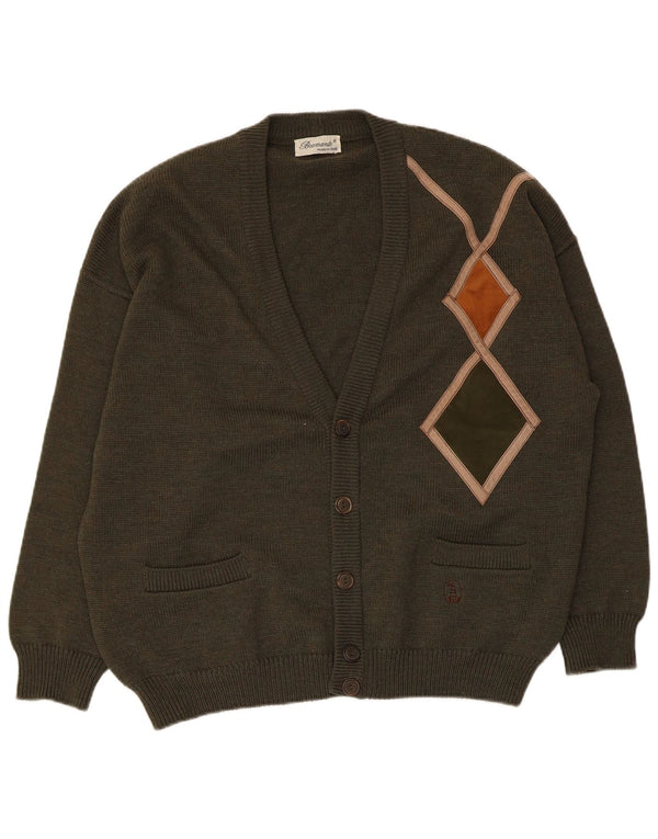 Bramante Mens Cardigan Sweater Large Khaki Argyle/Diamond Virgin Wool
