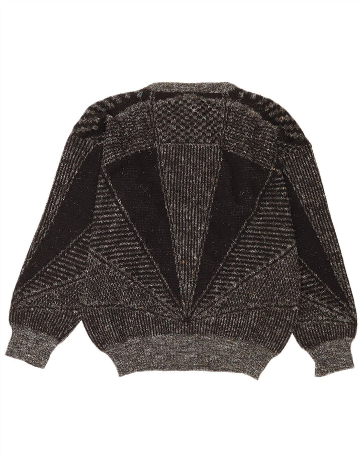 Vintage Mens Boat Neck Jumper Sweater Medium Grey Geometric Wool