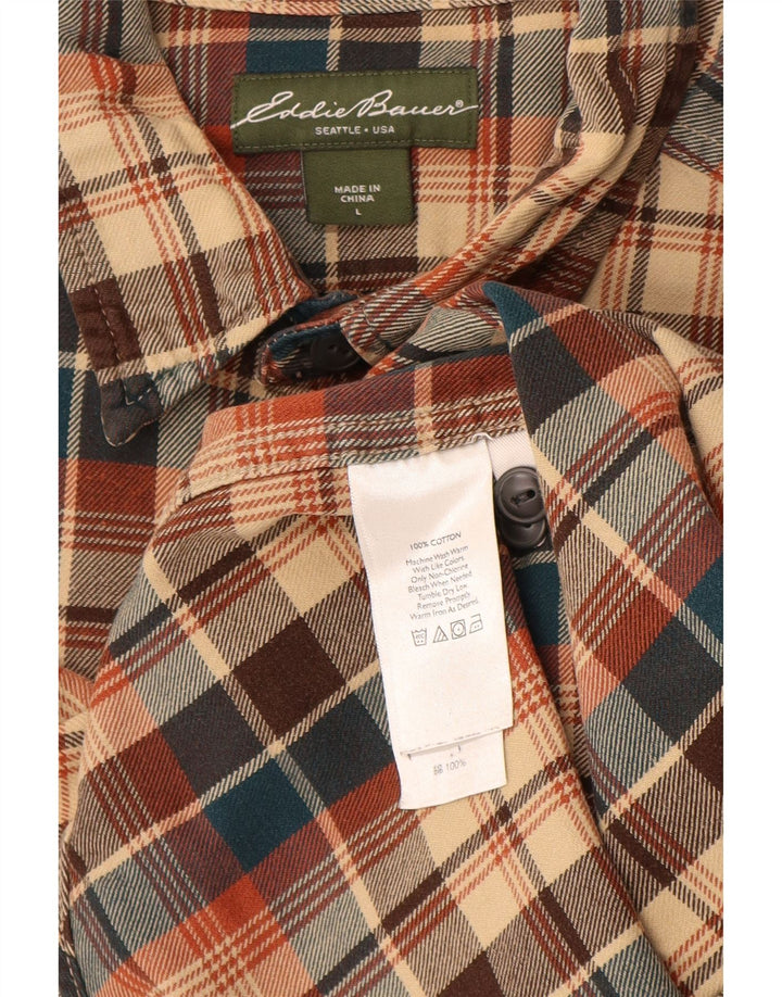 Eddie Bauer Mens Flannel Shirt Large Beige Check Cotton
