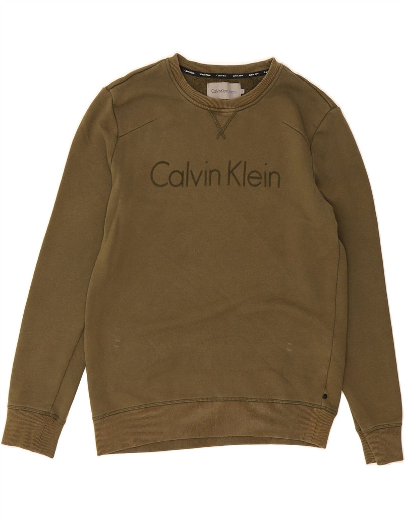 CALVIN KLEIN JEANS Mens Graphic Sweatshirt Jumper Large Khaki Cotton Vintage Calvin Klein Jeans and Second-Hand Calvin Klein Jeans from Messina Hembry 