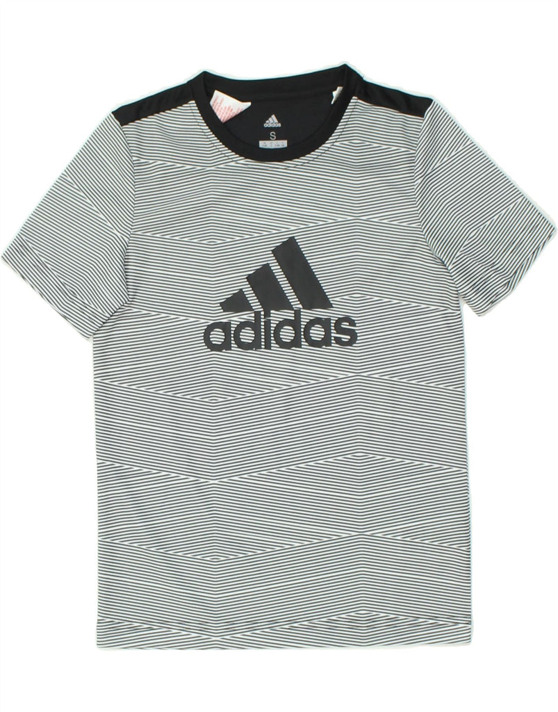 ADIDAS Boys Climalite Graphic T-Shirt Top 9-10 Years Small Grey Striped | Vintage Adidas | Thrift | Second-Hand Adidas | Used Clothing | Messina Hembry 