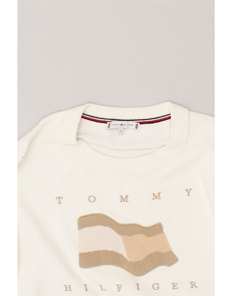 TOMMY HILFIGER Womens Graphic Crew Neck Jumper Sweater UK 14 Medium White Vintage Tommy Hilfiger and Second-Hand Tommy Hilfiger from Messina Hembry 