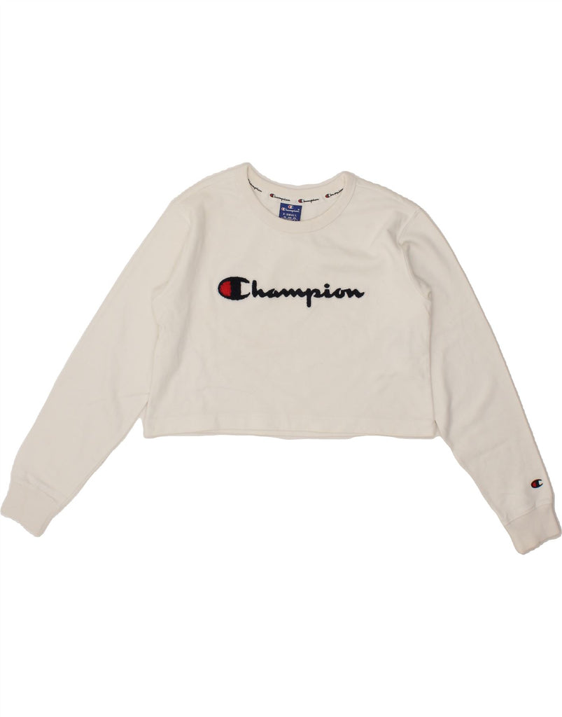 CHAMPION Womens Crop Graphic Sweatshirt Jumper UK 6 XS White Cotton Vintage Champion and Second-Hand Champion from Messina Hembry 