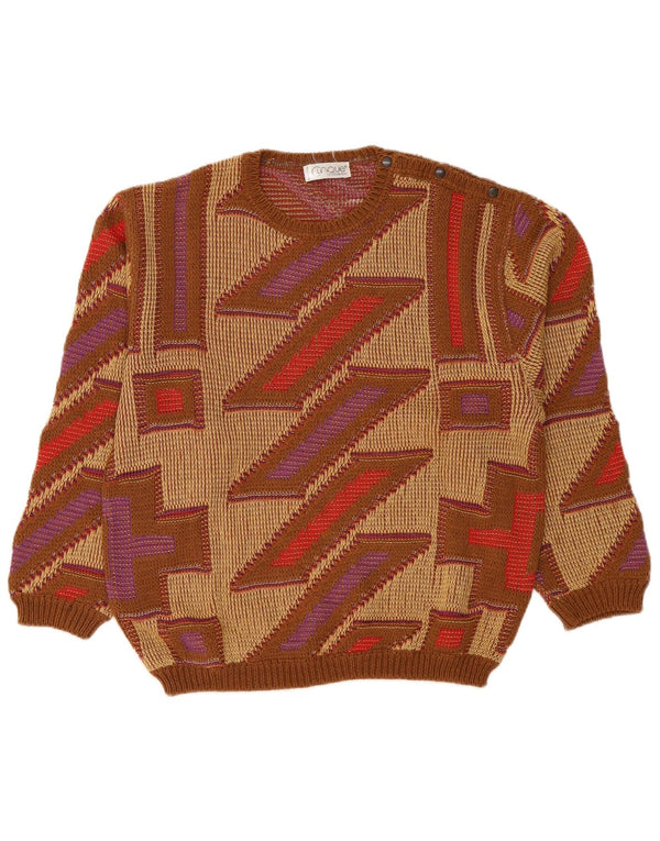 Clinique Womens Crew Neck Jumper Sweater UK 16 Large Beige Geometric Cotton