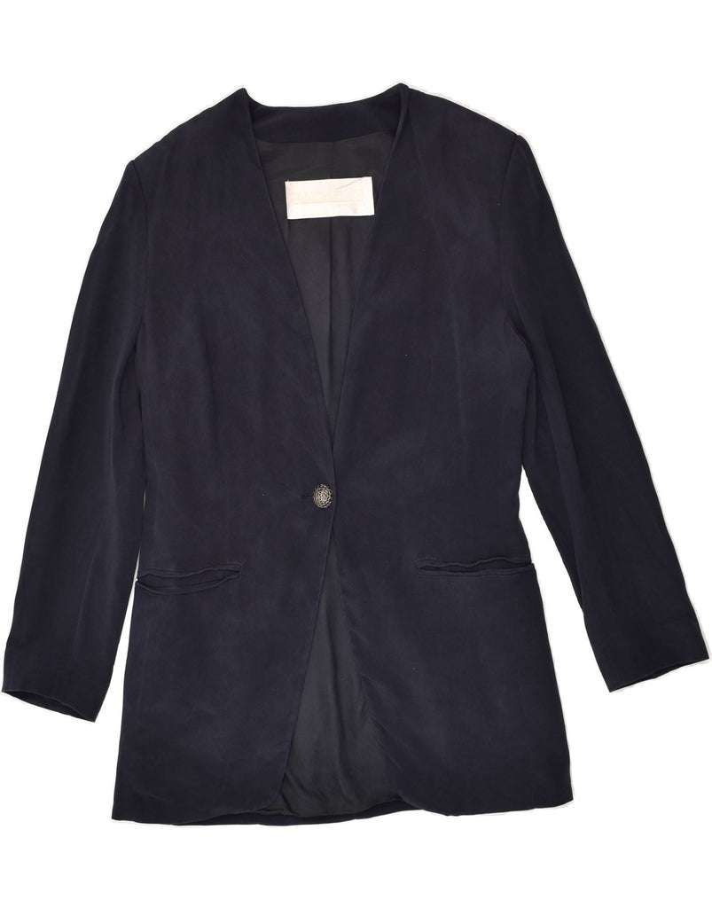 PANCALDI & B Womens 1 Button Blazer Jacket UK 16 Large Navy Blue Silk | Vintage Pancaldi & B | Thrift | Second-Hand Pancaldi & B | Used Clothing | Messina Hembry 