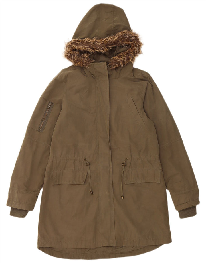 Oasis Womens Hooded Parka Jacket UK 10 Small Khaki Polyester