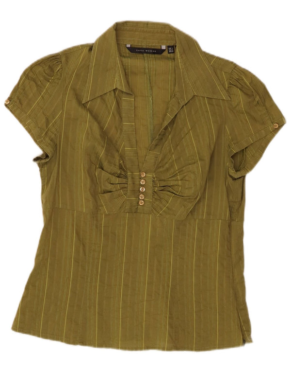 ZARA Womens Short Sleeve Pullover Shirt UK 14 Large Khaki Striped Cotton