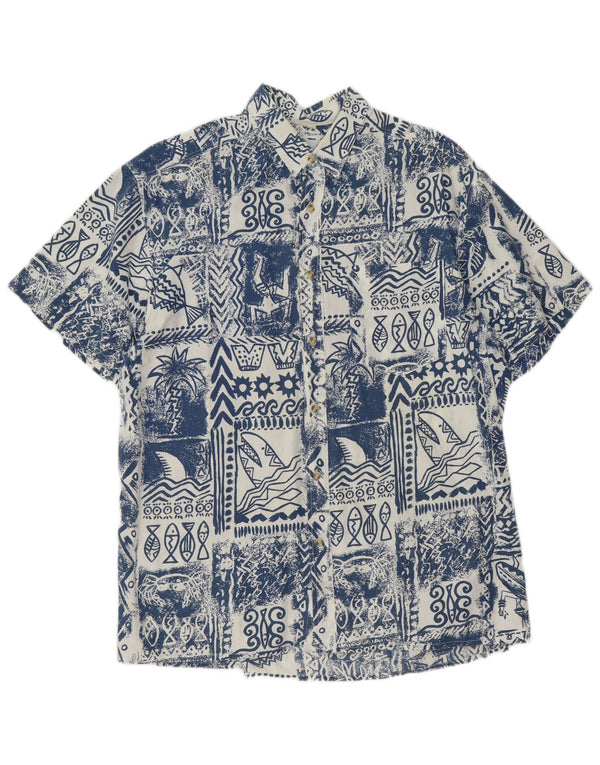 Mauritius Mens Short Sleeve Shirt Large Blue Patchwork Cotton Hawaiian