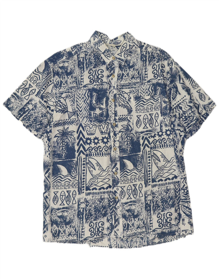 Mauritius Mens Short Sleeve Shirt Large Blue Patchwork Cotton Hawaiian