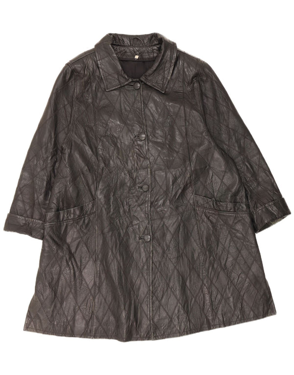 Vintage Womens Leather Coat UK 20 2XL Black Argyle/Diamond Leather