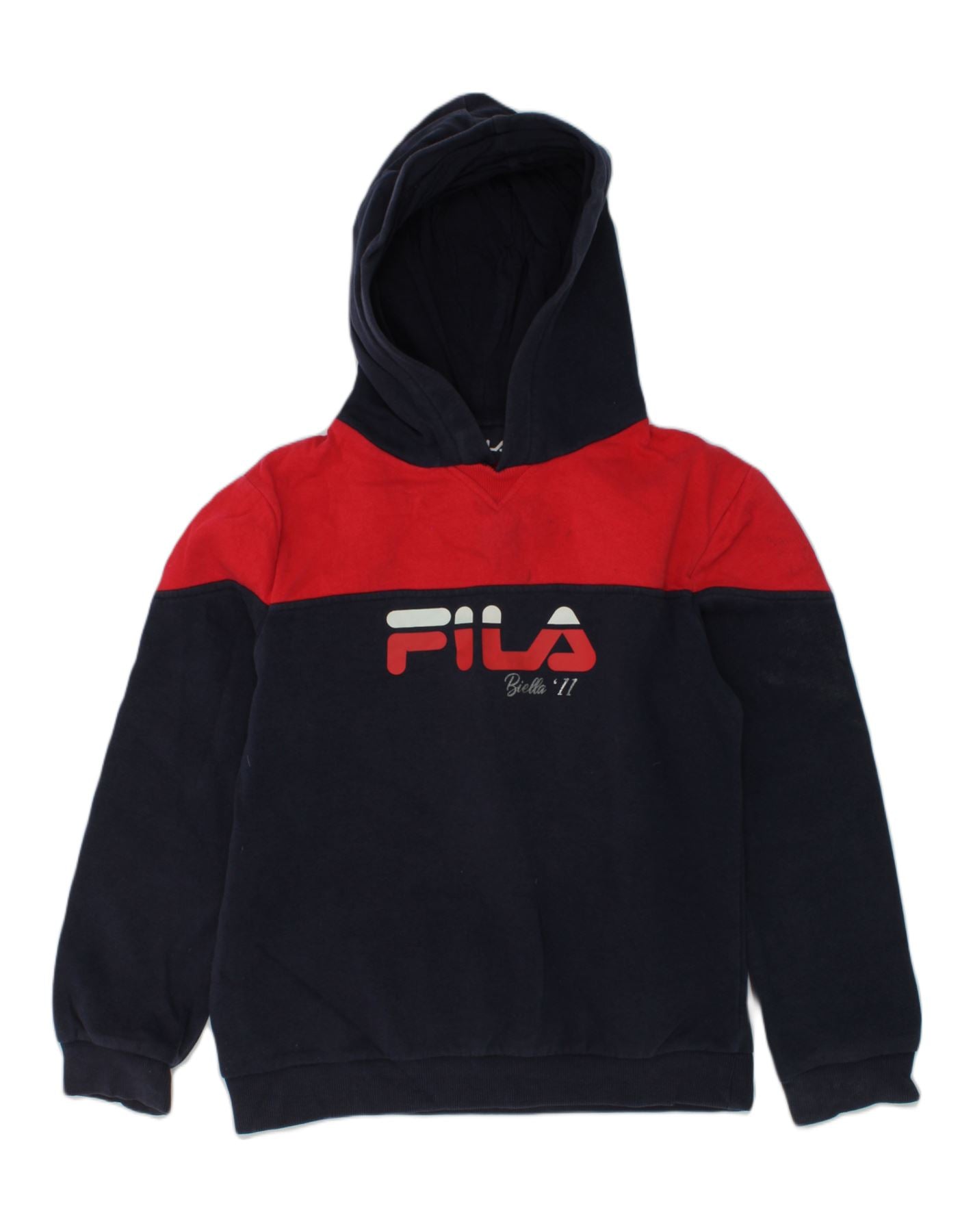 FILA Boys Graphic Hoodie Jumper 9 10 Years Navy Blue Colourblock Cotton Vintage Second Hand Clothing Online Messina Hembry