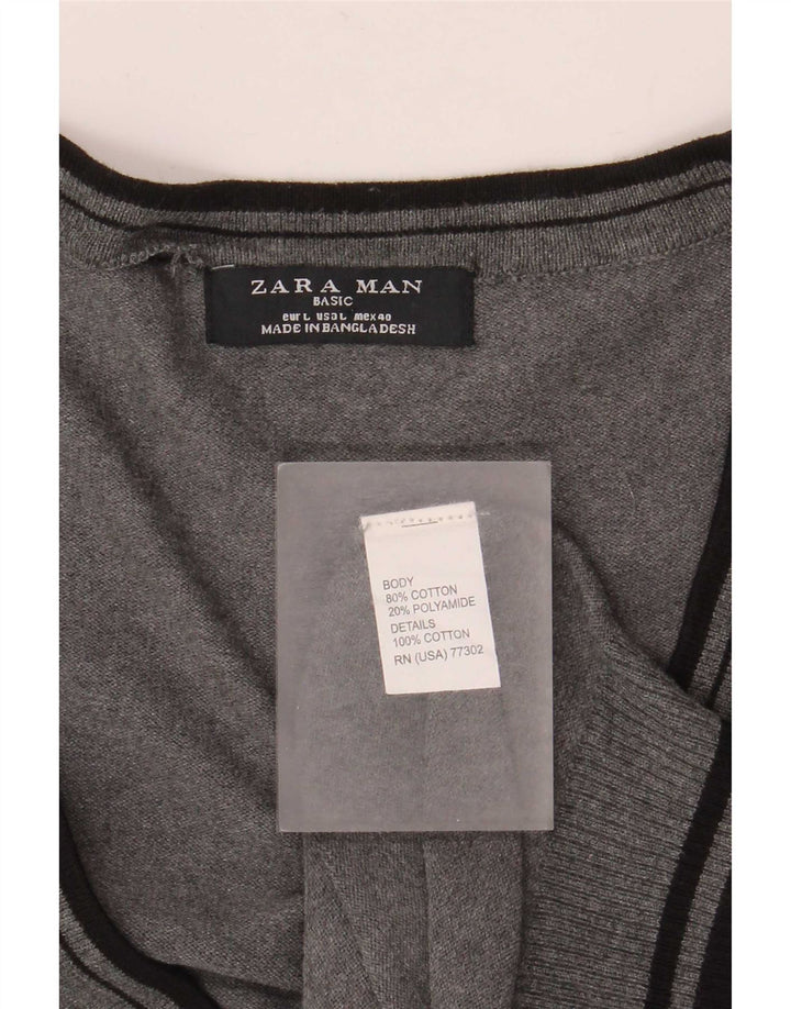 Zara Mens Cardigan Sweater Large Grey Striped Cotton