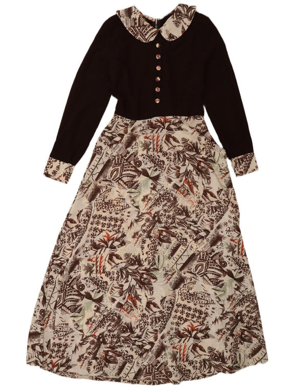 Vintage Womens Long Sleeve Maxi Dress UK 12 Medium Brown Floral