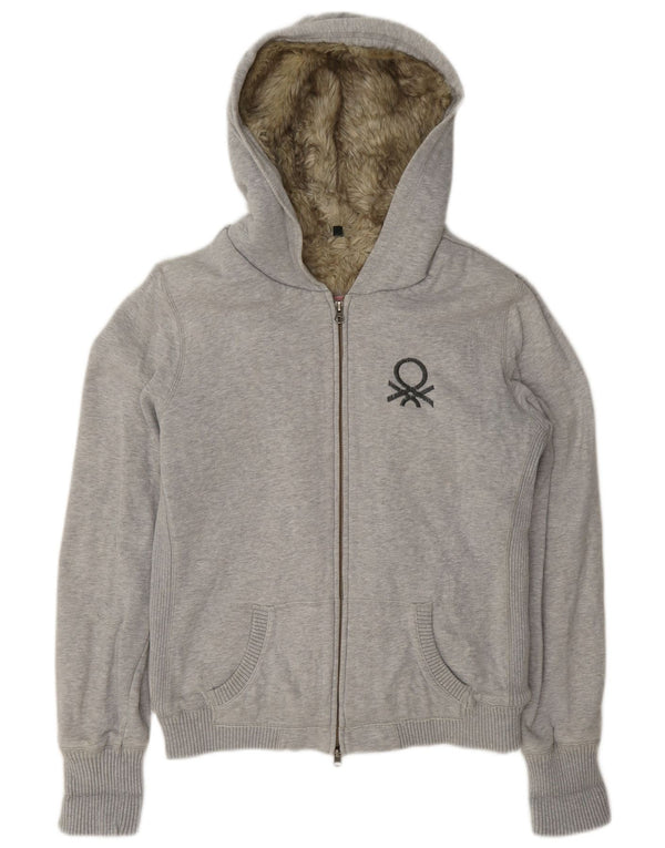 Benetton Womens Sherpa Zip Hoodie Sweater UK 16 Large Grey Flecked Cotton