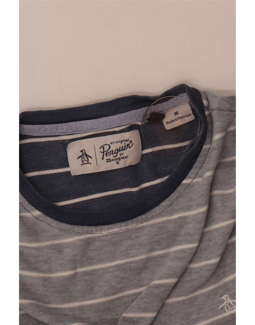 Penguin Mens T-Shirt Top Medium Blue Striped