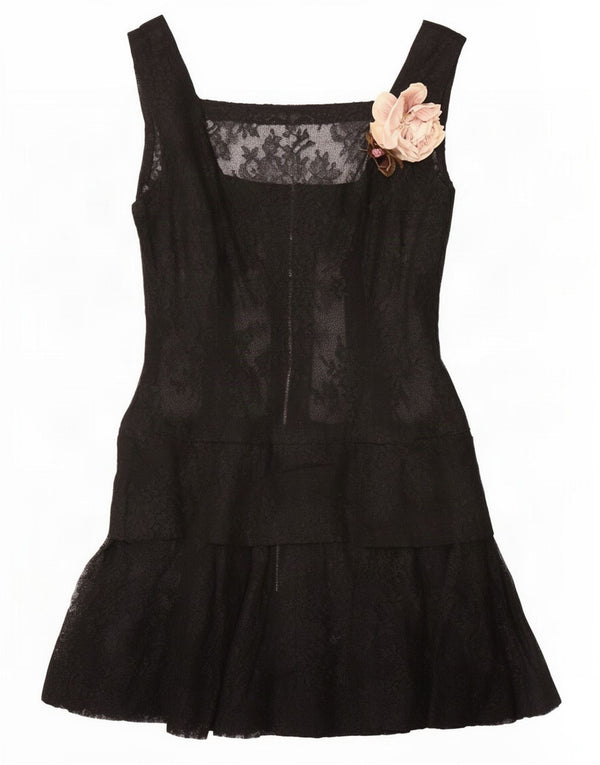 Vintage Womens See Through Sleeveless Tiered Dress UK 10 Small Black Floral