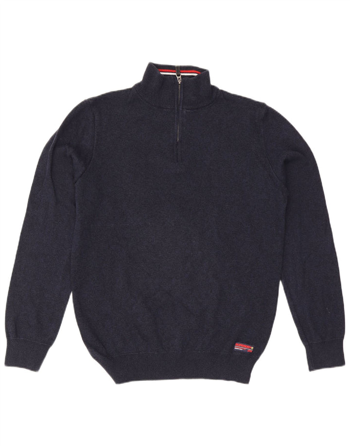 Superdry Mens Zip Neck Jumper Sweater Large Navy Blue Cotton