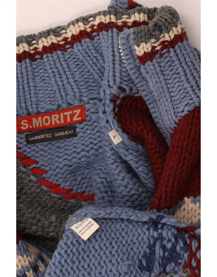 S.Moritz Mens Handmade Cardigan Sweater Large Blue Geometric Wool Novelty