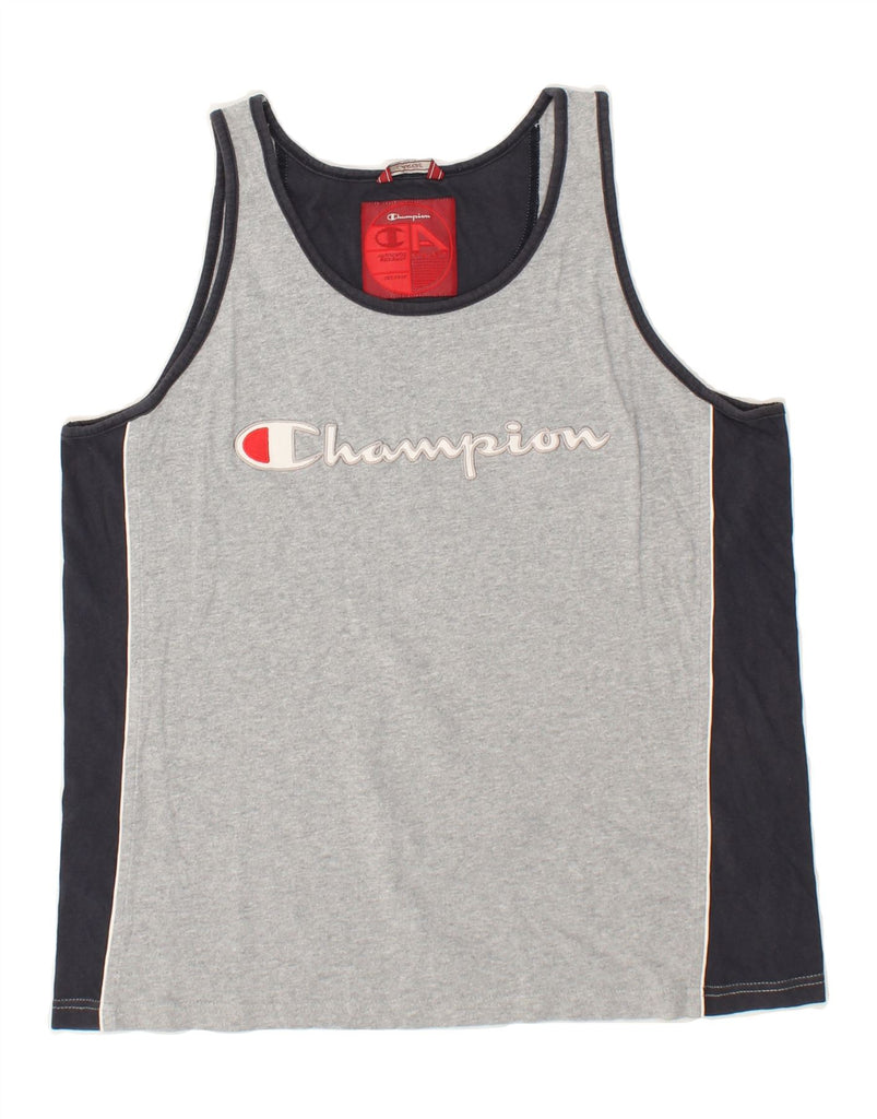 CHAMPION Womens Graphic Vest Top UK 14 Large Grey Colourblock Cotton Vintage Champion and Second-Hand Champion from Messina Hembry 