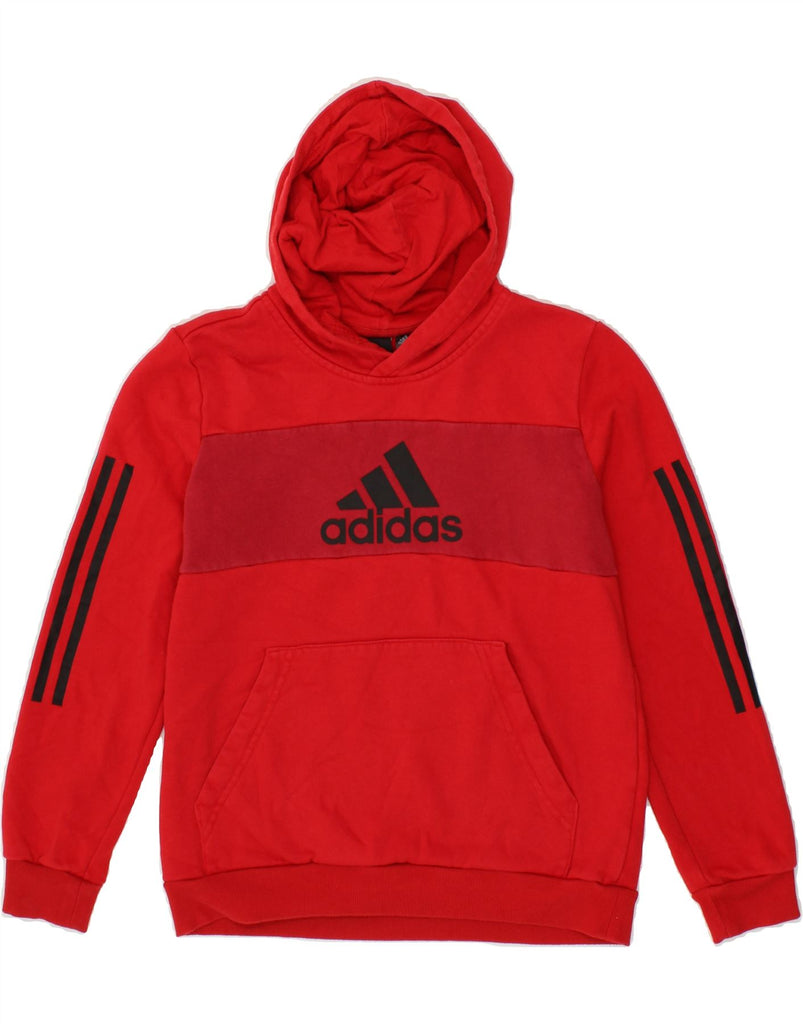 ADIDAS Boys Graphic Hoodie Jumper 12-13 Years Red Colourblock Cotton Vintage Adidas and Second-Hand Adidas from Messina Hembry 