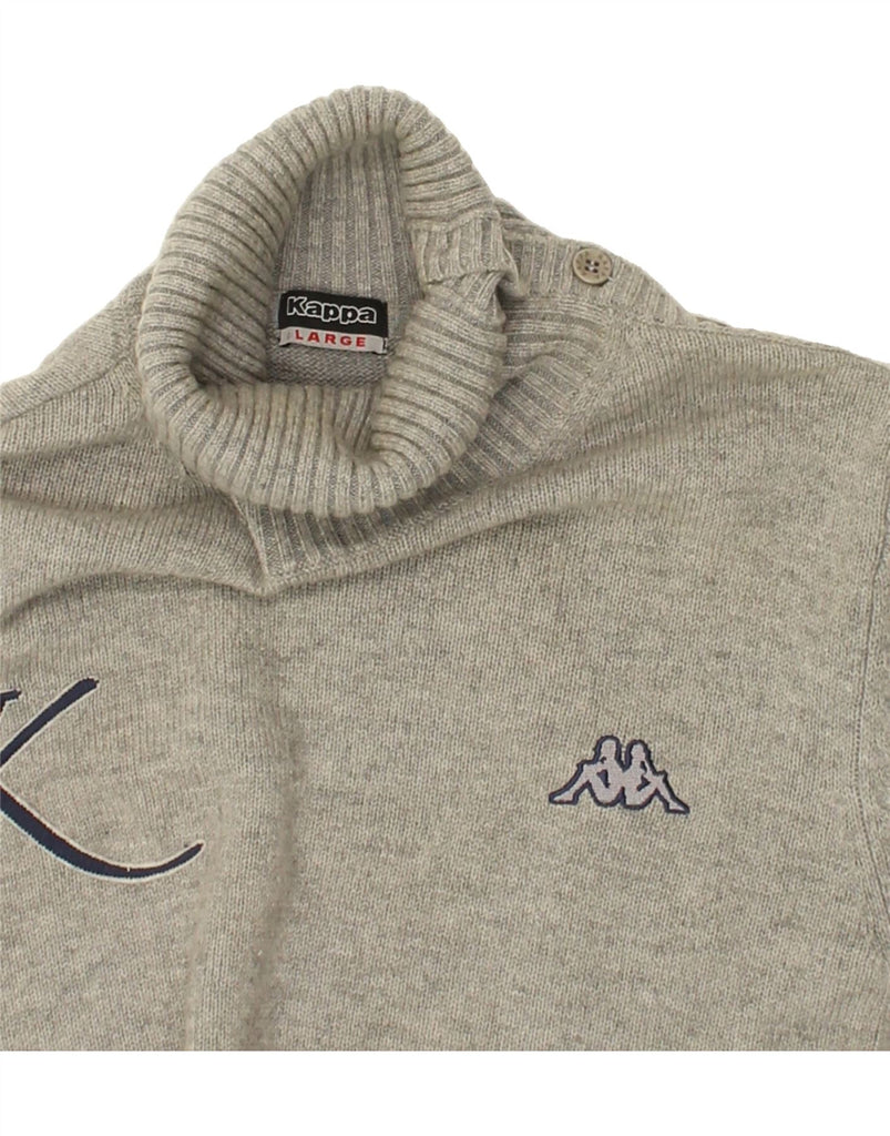 KAPPA Mens Graphic Roll Neck Jumper Sweater Large Grey Lambswool | Vintage Kappa | Thrift | Second-Hand Kappa | Used Clothing | Messina Hembry 