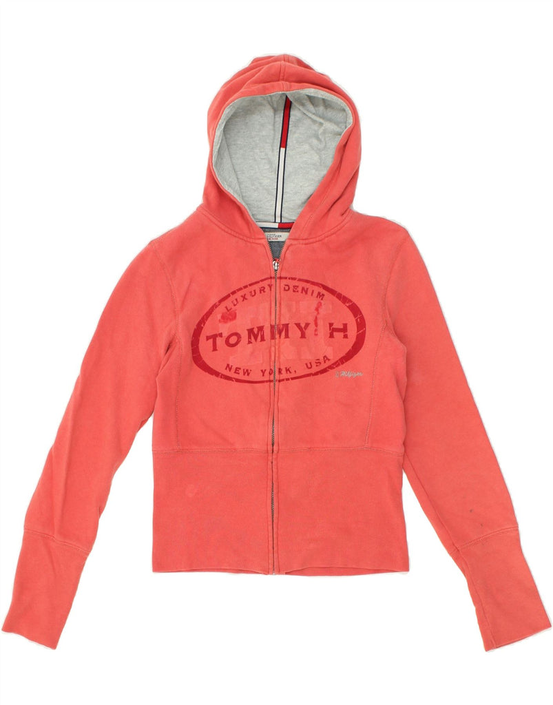TOMMY HILFIGER Womens Graphic Zip Hoodie Sweater UK 10 Small Red Cotton | Vintage Tommy Hilfiger | Thrift | Second-Hand Tommy Hilfiger | Used Clothing | Messina Hembry 