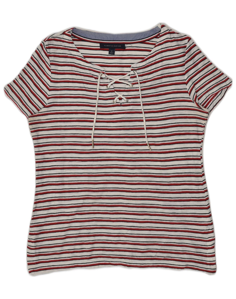 TOMMY HILFIGER Womens T-Shirt Top UK 14 Medium Red Striped Cotton | Vintage Tommy Hilfiger | Thrift | Second-Hand Tommy Hilfiger | Used Clothing | Messina Hembry 