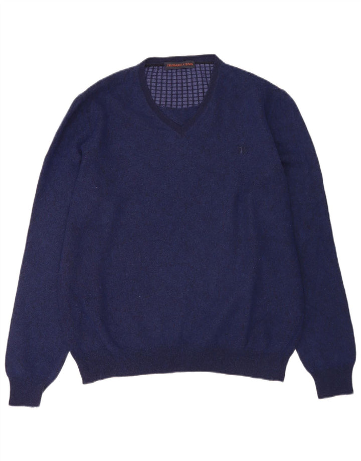 TRUSSARDI Mens V-Neck Jumper Sweater 2XL Navy Blue Wool