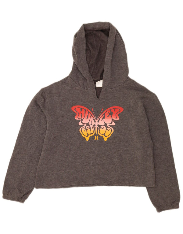 Hurley Girls Crop Graphic Hoodie Jumper 10-11 Years Medium Grey Polyester