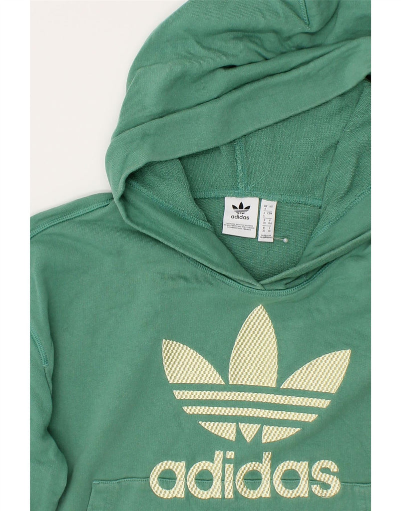 ADIDAS Womens Crop Graphic Hoodie Jumper UK  4 XS Green Cotton | Vintage Adidas | Thrift | Second-Hand Adidas | Used Clothing | Messina Hembry 