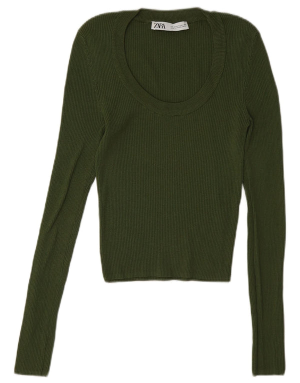Zara Womens Slim Fit Top Long Sleeve UK 8 Small Green Viscose