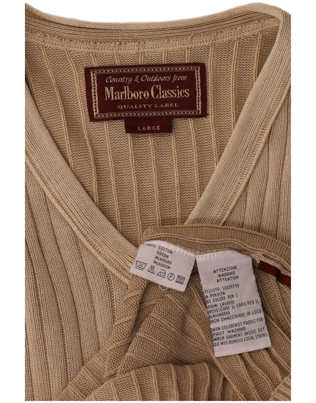 Marlboro Classics Mens V-Neck Jumper Sweater Large Beige Cotton Classic