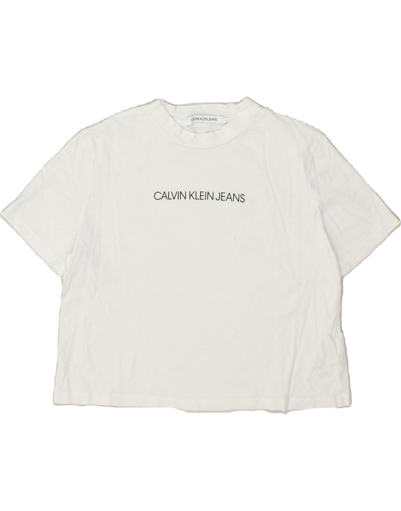 CALVIN KLEIN Womens Crop Graphic T-Shirt Top UK 14 Large White Cotton | Vintage Calvin Klein | Thrift | Second-Hand Calvin Klein | Used Clothing | Messina Hembry 