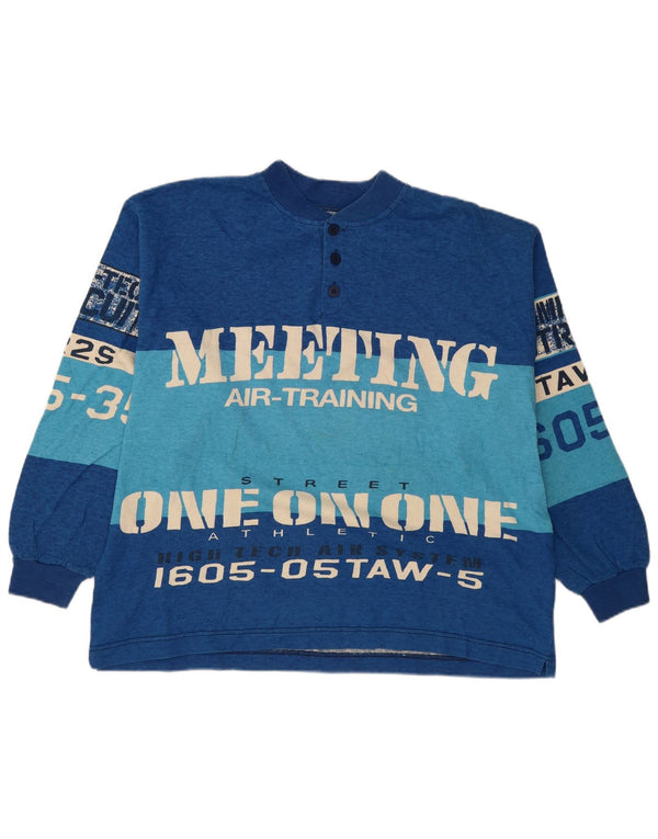 Vintage Mens Loose Fit Graphic Top Long Sleeve Large Blue Colourblock