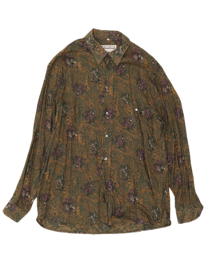 Vintage Mens Shirt XL Khaki Paisley Viscose