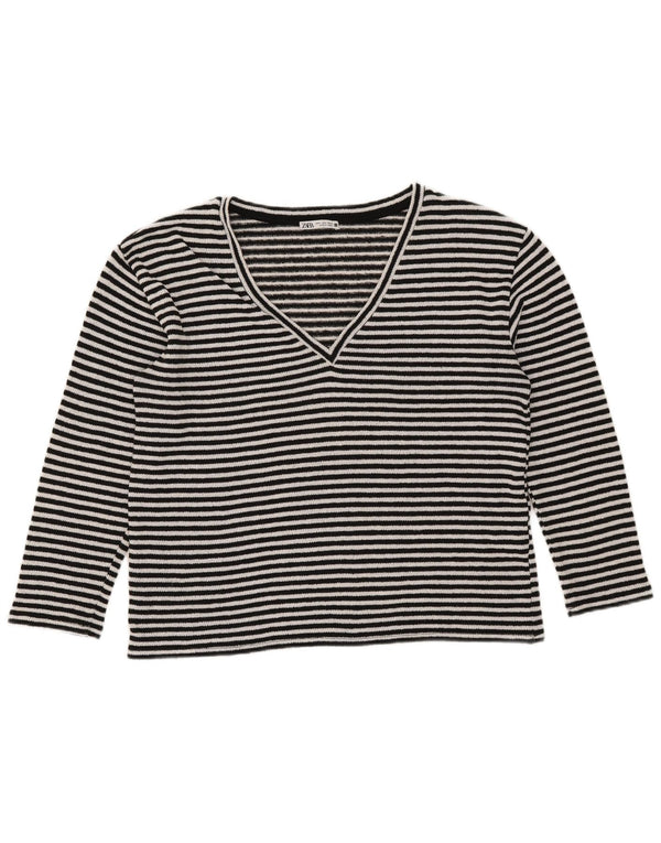 Zara Womens Top Long Sleeve UK 14 Medium Black Striped Cotton