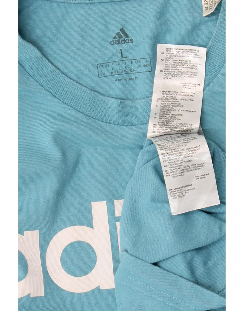 ADIDAS Womens Graphic T-Shirt Top UK 16/18 Large Blue Cotton Vintage Adidas and Second-Hand Adidas from Messina Hembry 