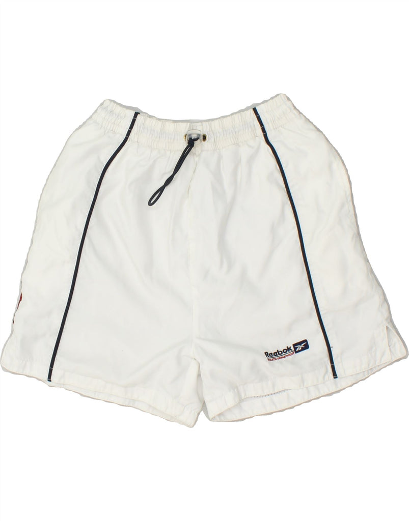 REEBOK Womens Graphic Sport Shorts UK 10 Small White Polyester | Vintage Reebok | Thrift | Second-Hand Reebok | Used Clothing | Messina Hembry 