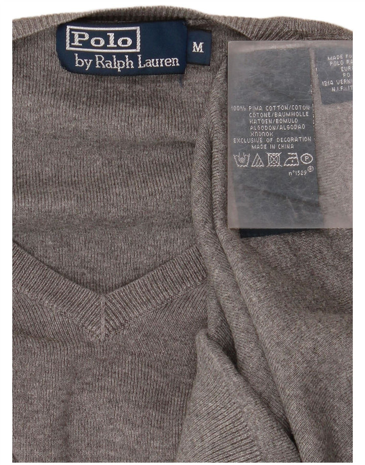 POLO RALPH LAUREN Mens V-Neck Jumper Sweater Medium Grey Cotton
