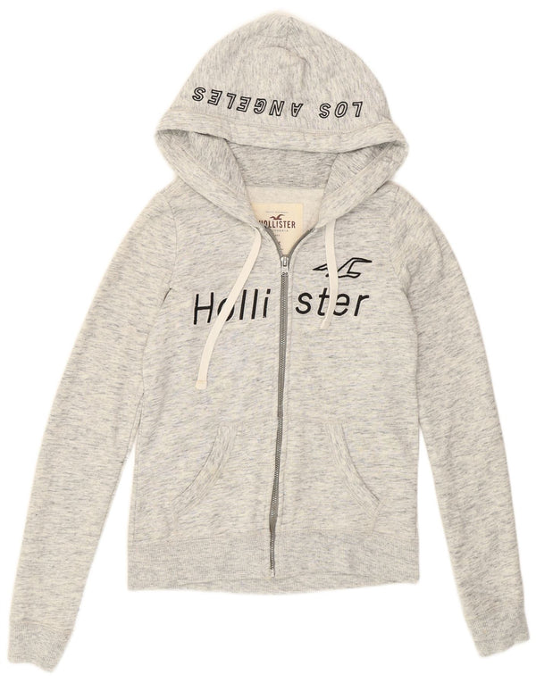 Hollister Womens Graphic Zip Hoodie Sweater UK 2 2XS Grey Flecked Cotton