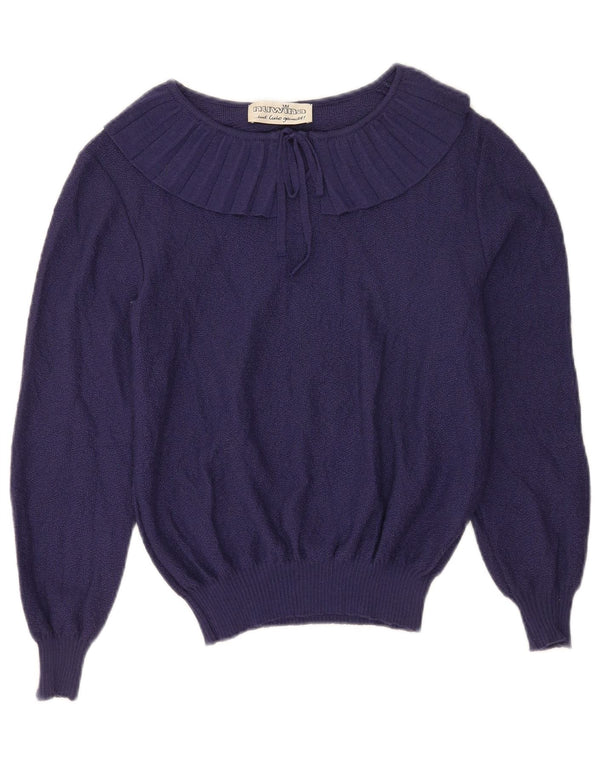 Vintage Womens Crop Boat Neck Jumper Sweater EU 40 Medium Navy Blue